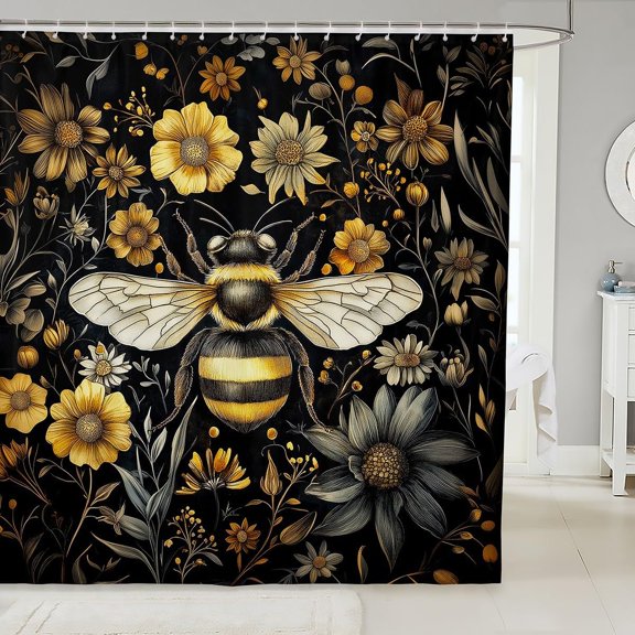 Black Gold Honey Bee Shower Curtain Floral Wildflowers Bathroom Decor 71x71 Inches