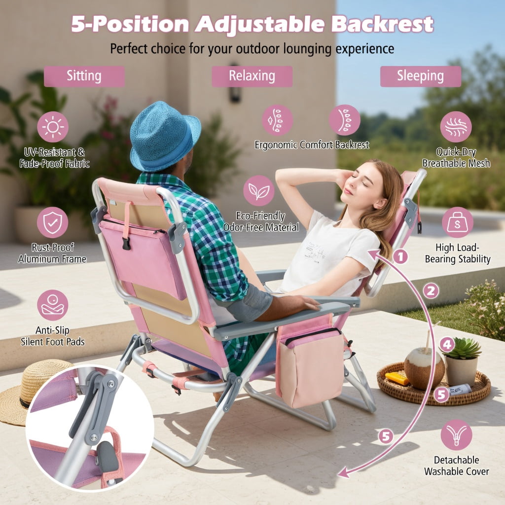Hommoo 2-Pack Adjustable 5-Position Aluminum Beach Chair Set with Folding Side Table, Lightweight Portable Camping & Outdoor Reclining Chairs, Pink