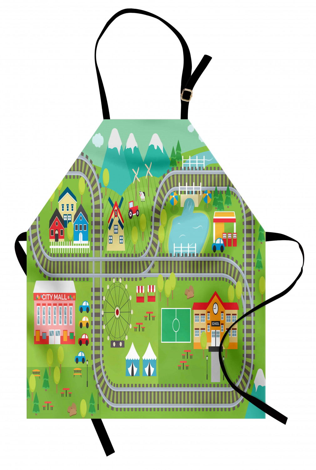 Cartoon Activity Apron, Train Tracks Colorful Town City Mall and ...