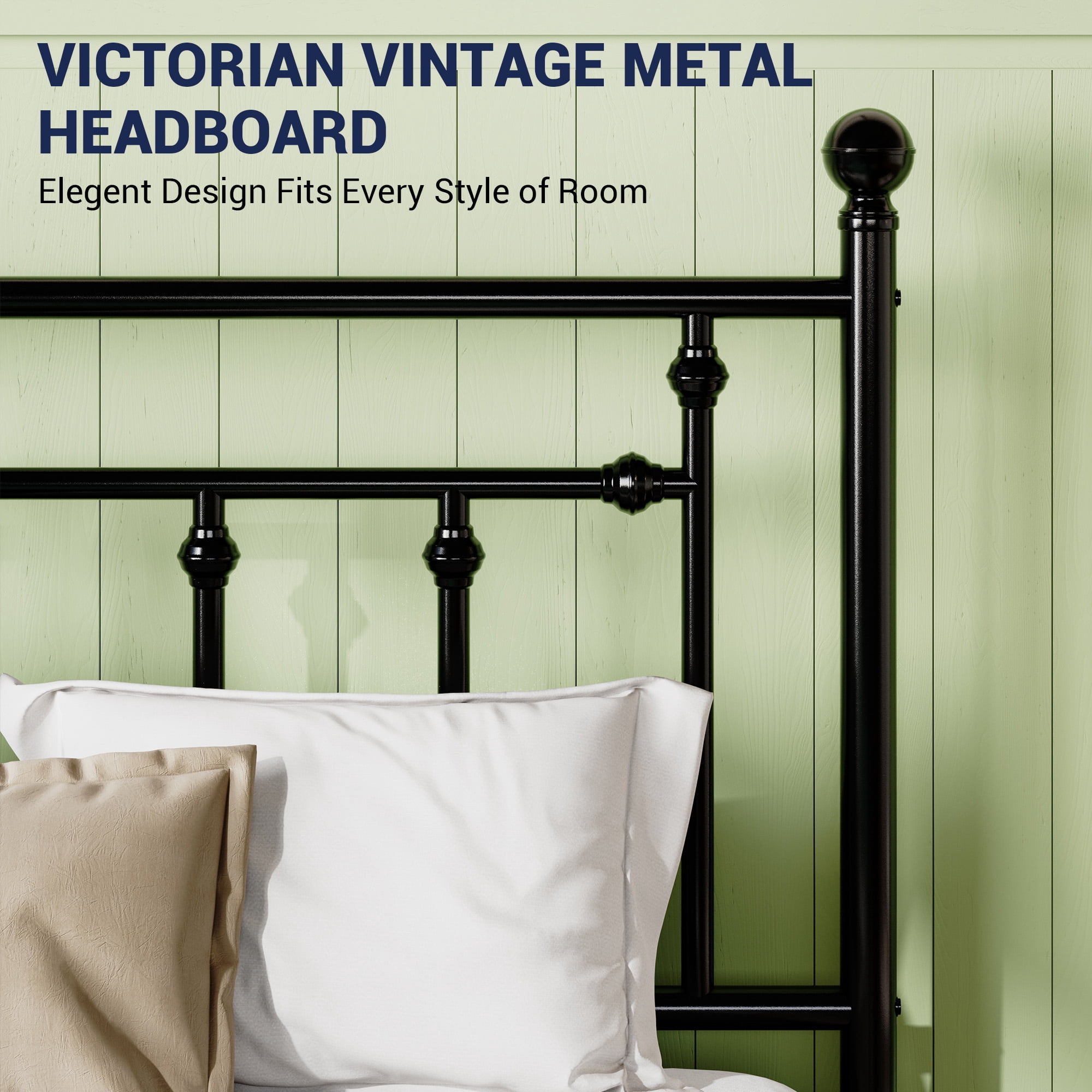 Sifurni Queen Size Metal Platform Bed Frame with Victorian Vintage Headboard, Black
