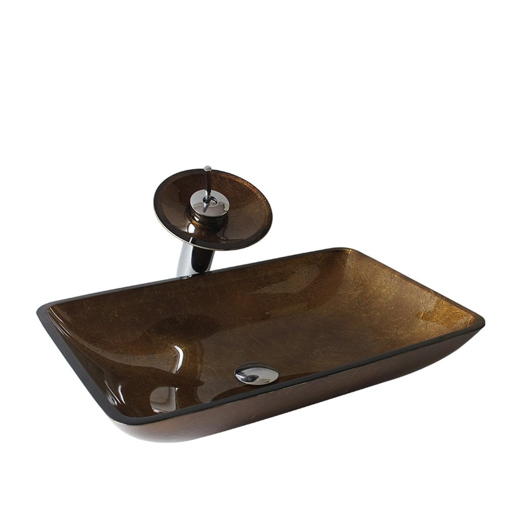 Arsumo Brown Rectangular Glass Vessel Bathroom Sink Set Faucet