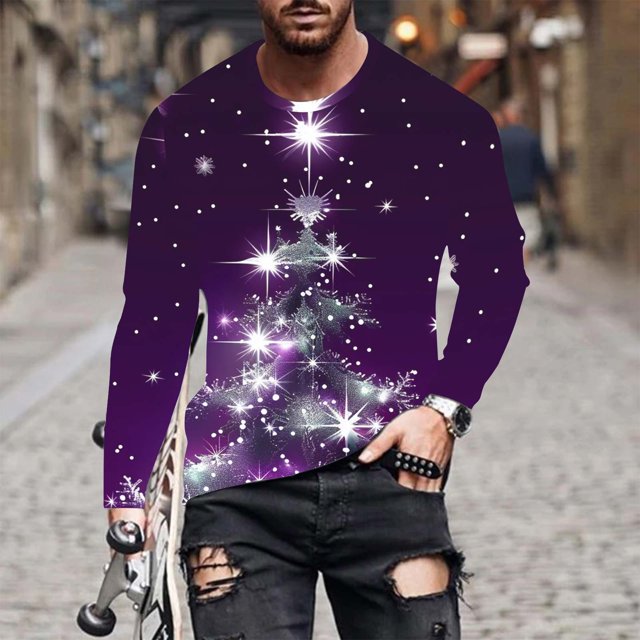 Blusas y camisas de manga larga con cuello redondo para hombre, moda navideña, informal, estampado, cuello redondo, manga larga, blusa estampada para hombre, blusa de poliéster
