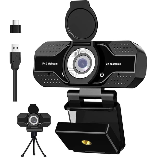 2K HD Webcam with Microphone, Noise Cancellation, Privacy Cover, Wide-Angle Lens, Auto Light Correction, Plug & USB Webcam for Laptop, Desktop, PC, Zoom, Skype, Stream (2K)