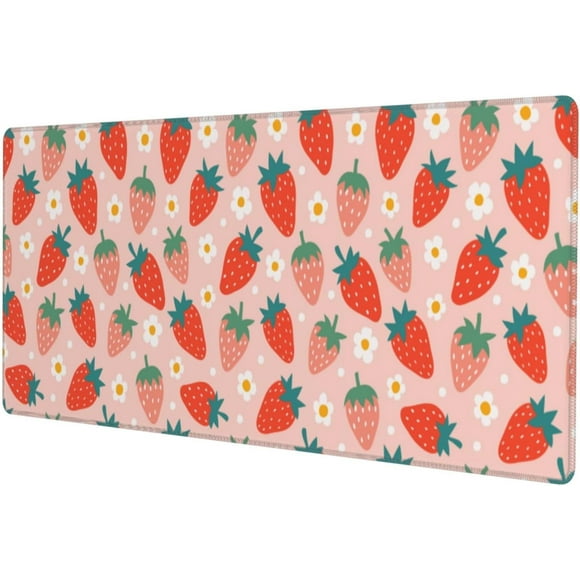 Tapis de Souris de Jeu Fraise Rose et Fleurs 31.5 x 11.8 Pouces Base en Caoutchouc Antidérapante avec Bords Cousus, Idéal pour Couverture de Bureau Étendue et Décoration de Bureau à Domicile Élégante