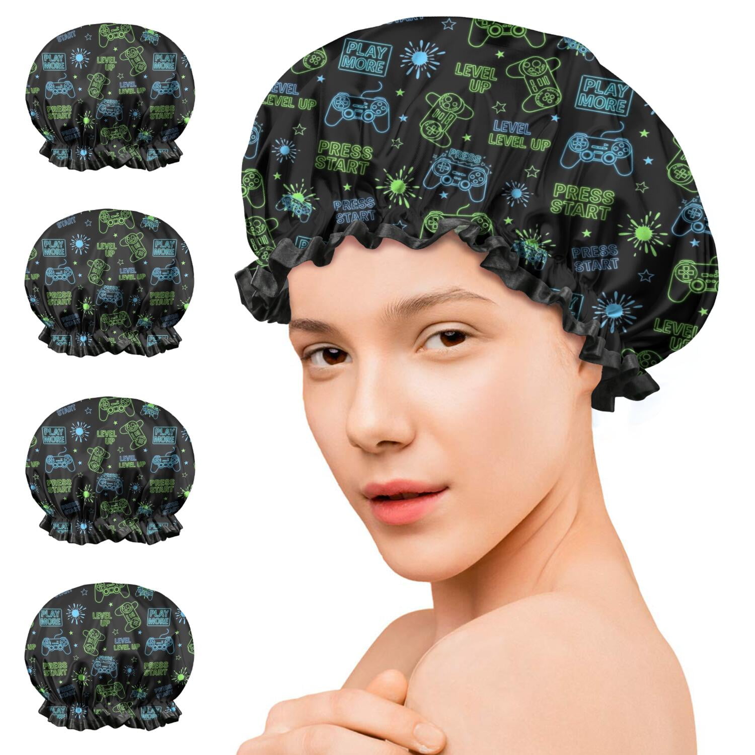 Shower Caps,Neon Games Element Black Pattern Waterproof Shower Cap for Women 4 Pieces,Double Reusable Hair Cover for Shower PEVA Elastic Stretch Hem