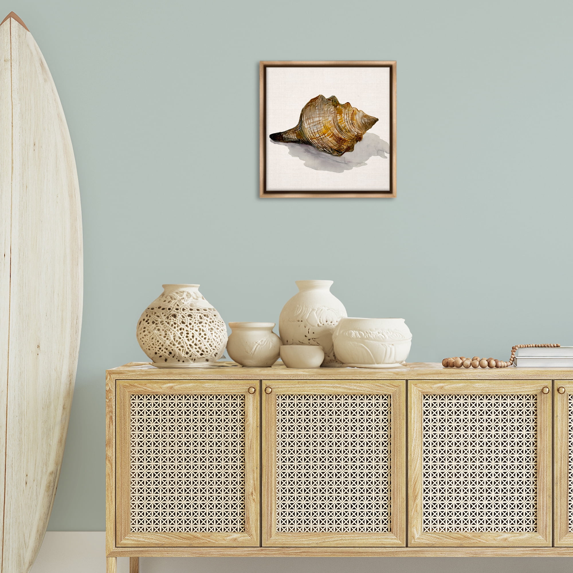 Stupell Industries Conch Shell on Beige Nautical & Beach Painting Brown Floater Framed Canvas Art Print Wall Art, 18 x 18