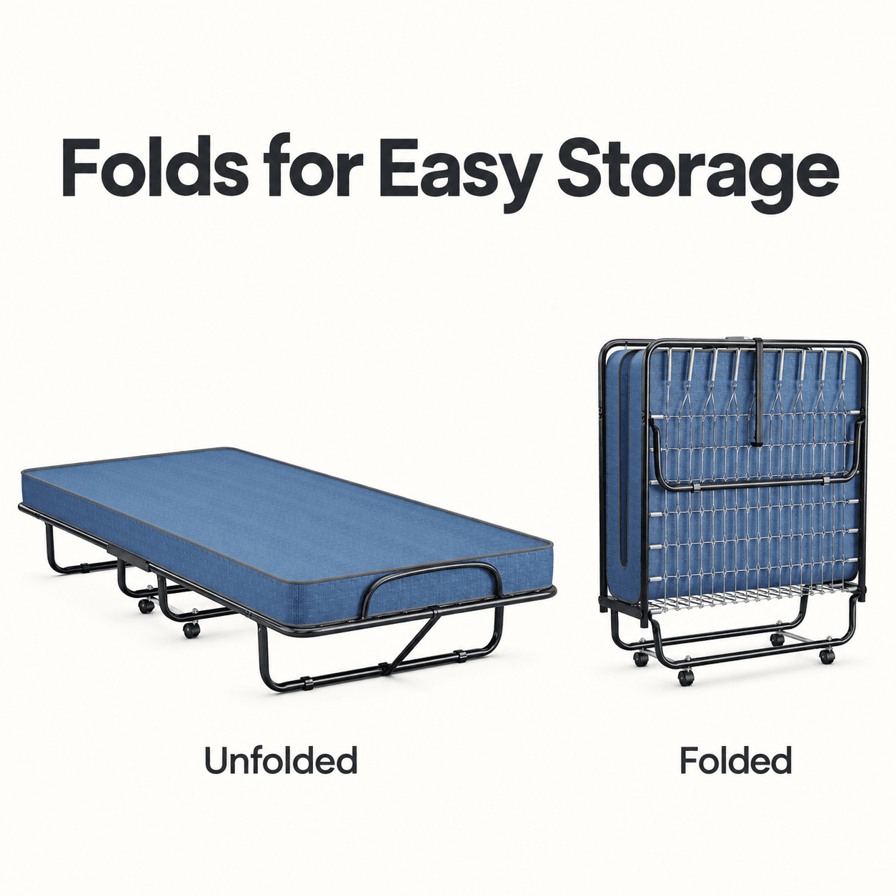 Furnibear Folding Rollaway Guest Bed with Sturdy Steel Frame Foam Mattress and Rolling Wheels for Home and Office Use, Navy