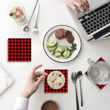 

ZHANZZK Rustic Red Black Buffalo Check Plaid Pattern Set of 4 Coaster for Drinks Absorbent Ceramic Stone Coasters Cup Mat with Cork Base for Home Kitchen Room Coffee Table Bar Decor
