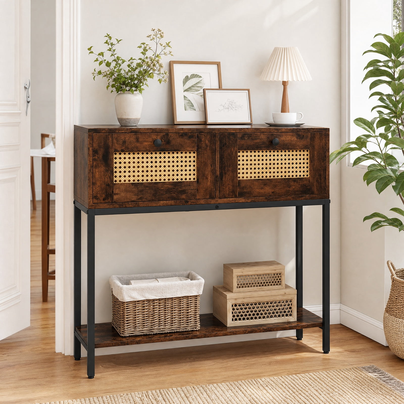 Furnibear Rattan Console Table Boho Entryway Table with 2 Rattan Drawers and Open Storage Shelf for Hallway Living Room, Rustic Brown