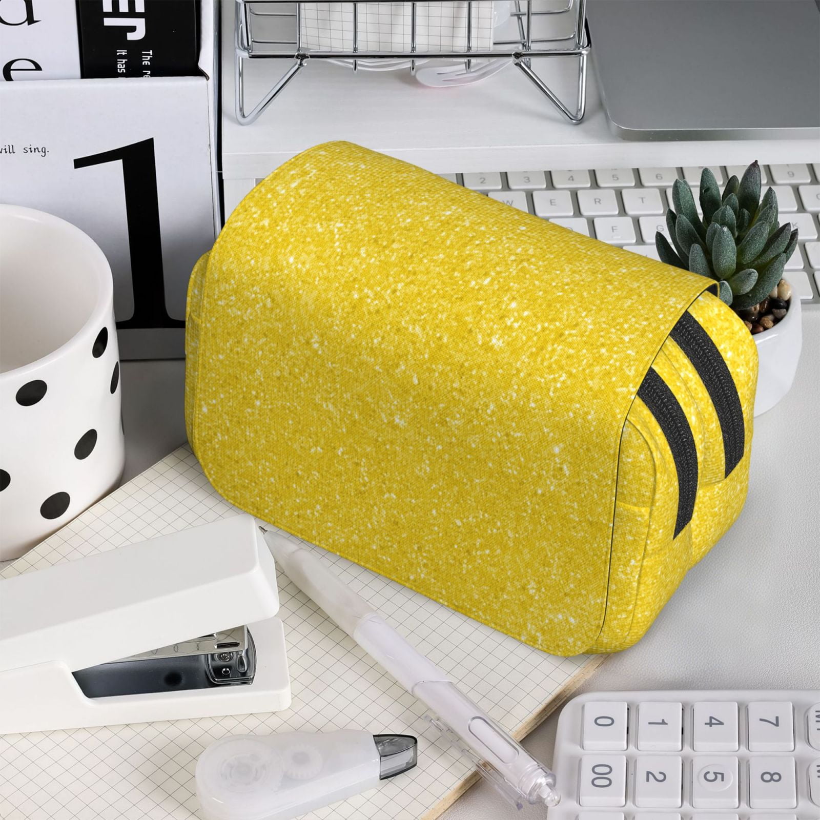 Rateoe Yellow Glitter Pattern Double Clamshell Pen Case, Storage Organizer with Two Zipper Compartments– Holds Up to 50 Pencils & Pens