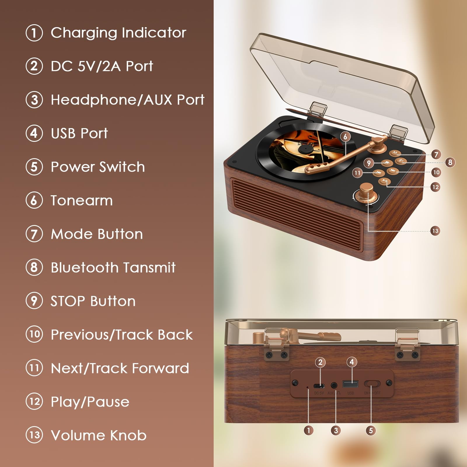 Qoosea CD Player Portable Bluetooth, CD Players for Home with Speakers Remote Control, Retro CD Player Support USB/AUX Playback Headphone Jack Radio