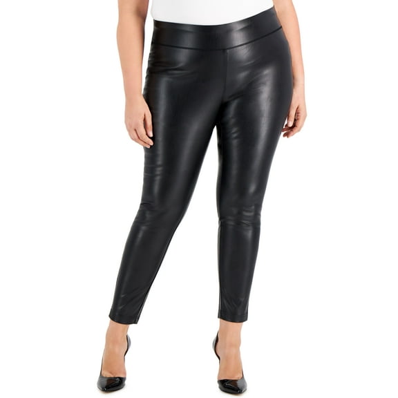 INC International Concepts Faux Leather Ankle Length Skinny Pants Deep Black 26W
