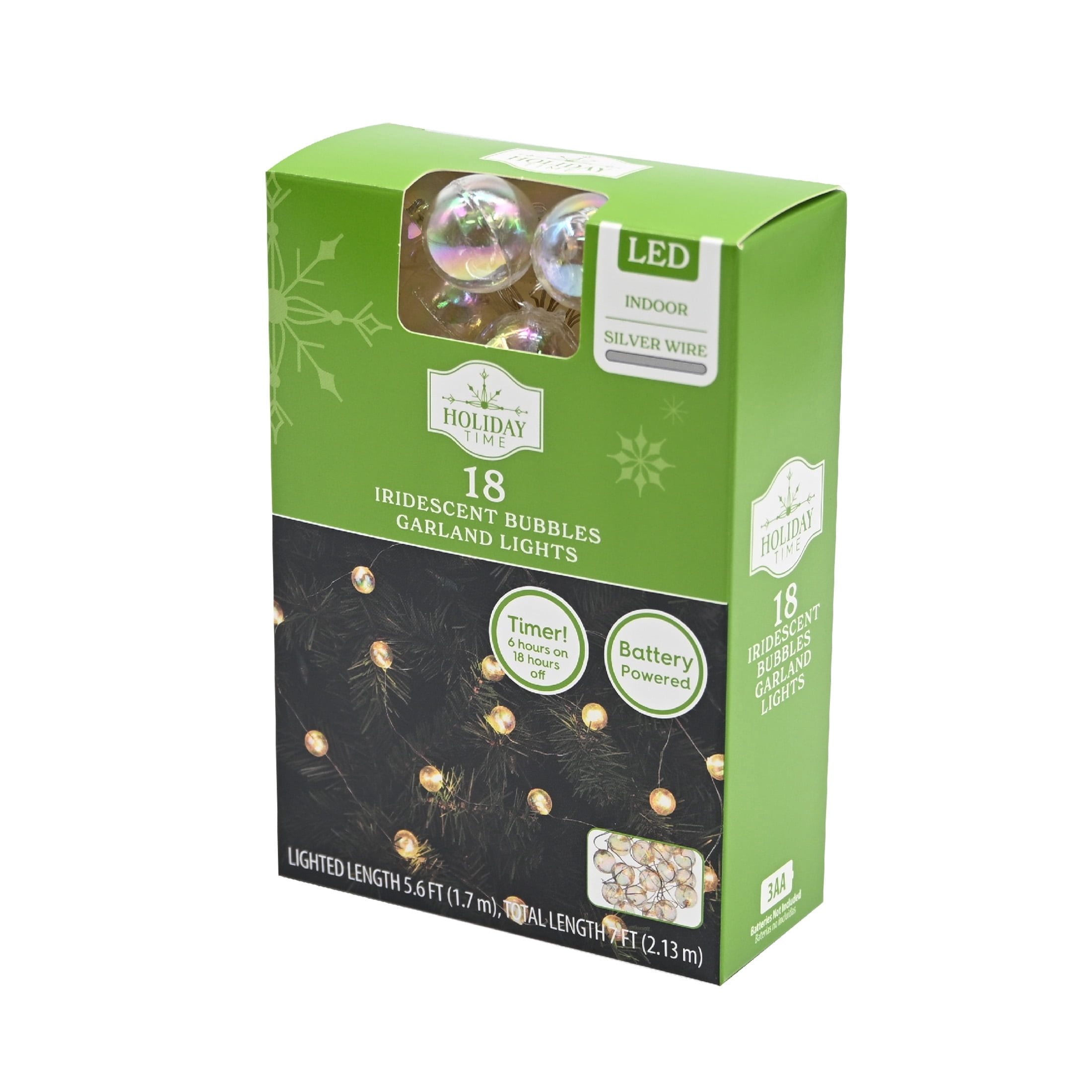 Indoor 18-Count Battery-Operated LED Bubbles Christmas Garland Lights, Iridescent, Silver Wire, 5.6', by Holiday Time