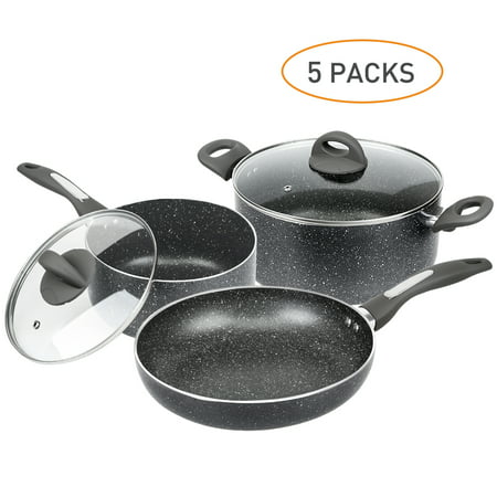 FGY 5-Pcs Nonstick Cookware Set Stone-Derived Ceramic Coating, Maifan Stone Pans and Pots, 3-Qt Saucepan with Lid, 6-Qt Stockpot with Lid and 10