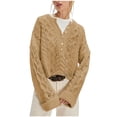 thumbnail image 3 of Female Chunky Cable Crop Sweater Pullover Casual Half Button Flared Long Sleeve Jumper Pullovers Khaki XL, 3 of 7