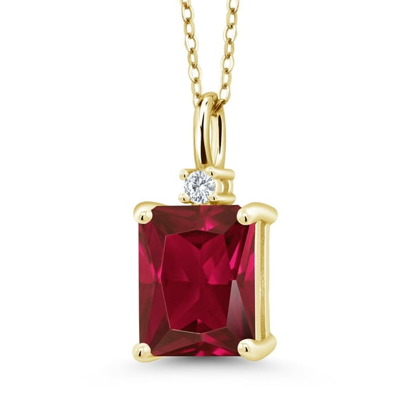 Gem Stone King 18K Yellow Gold Plated Silver Red Created Ruby Pendant Necklace for Women (3.83 Cttw, Gemstone July Birthstone, Emerald Cut 10X8MM with 18 inch Chain)