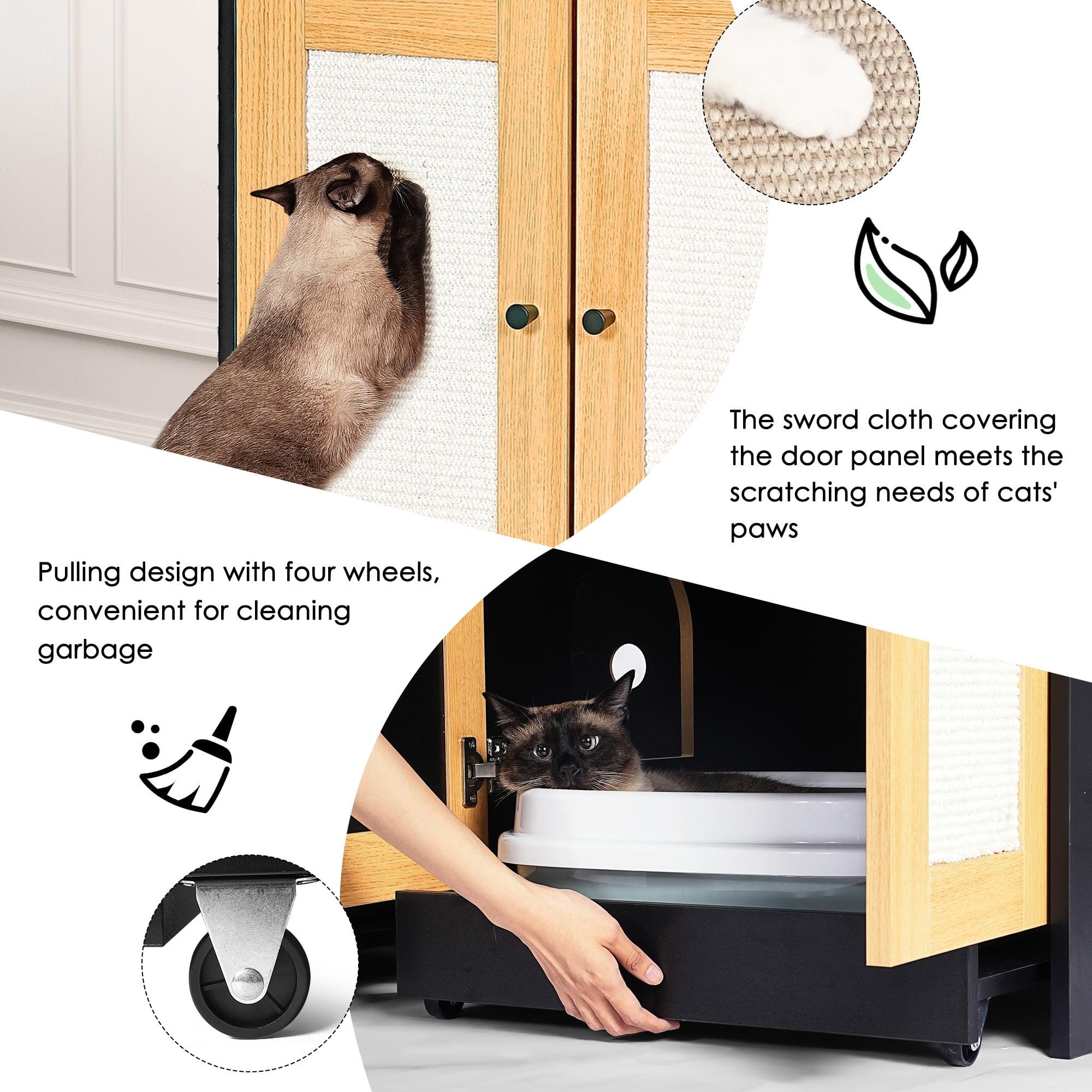 YIYADO Double Cat Litter Box Enclosure, Hidden Litter Box Furniture for 2 Cats with Rattan Doors & Scratching Panels, Black
