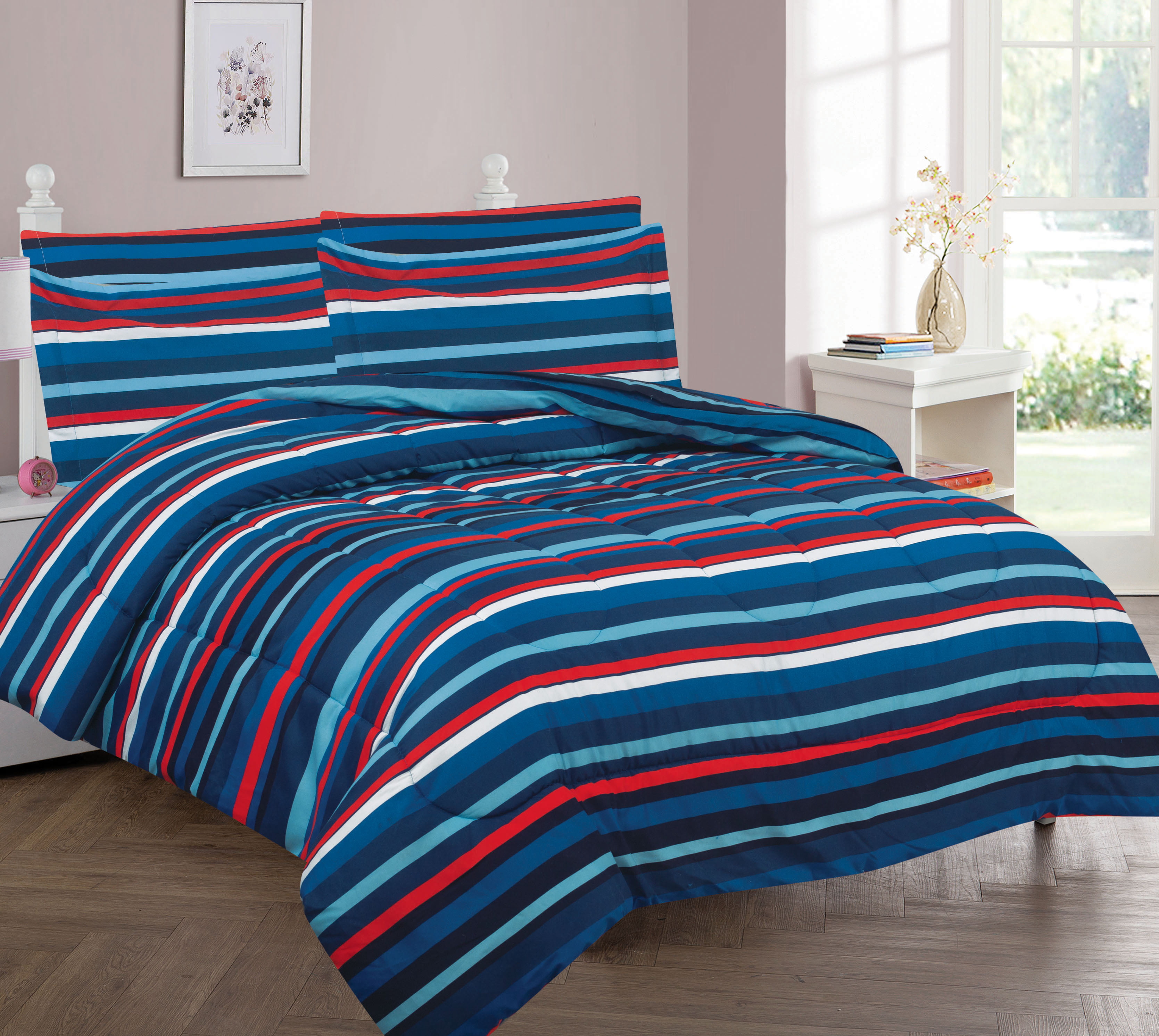 4PC Full STRIPE Bed Comforter Set With Fitted Sheet boy bedding