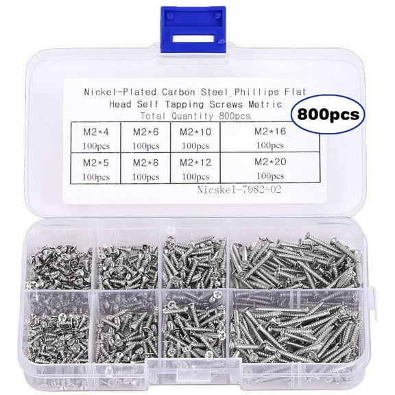 800Pcs Small M2 Self-Tapping Screws Assortment Kit, Countersunk Phillips Flat Head Wood Screws (M2-4mm 5mm 6mm 8mm 10mm 12mm 16mm 20mm)