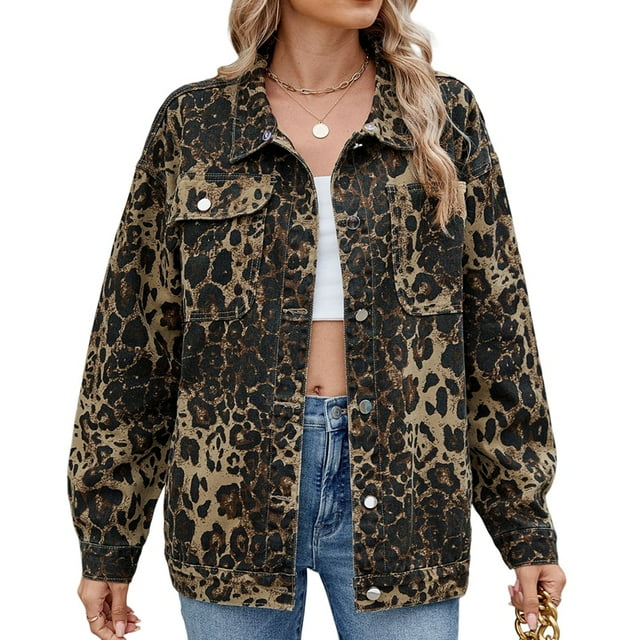 Chaqueta Vaquera Informal de Larga con Solapa y Botones para Mujer, Estilo Boyfriend, Holgada, A . Estampado de Leopardo XL
