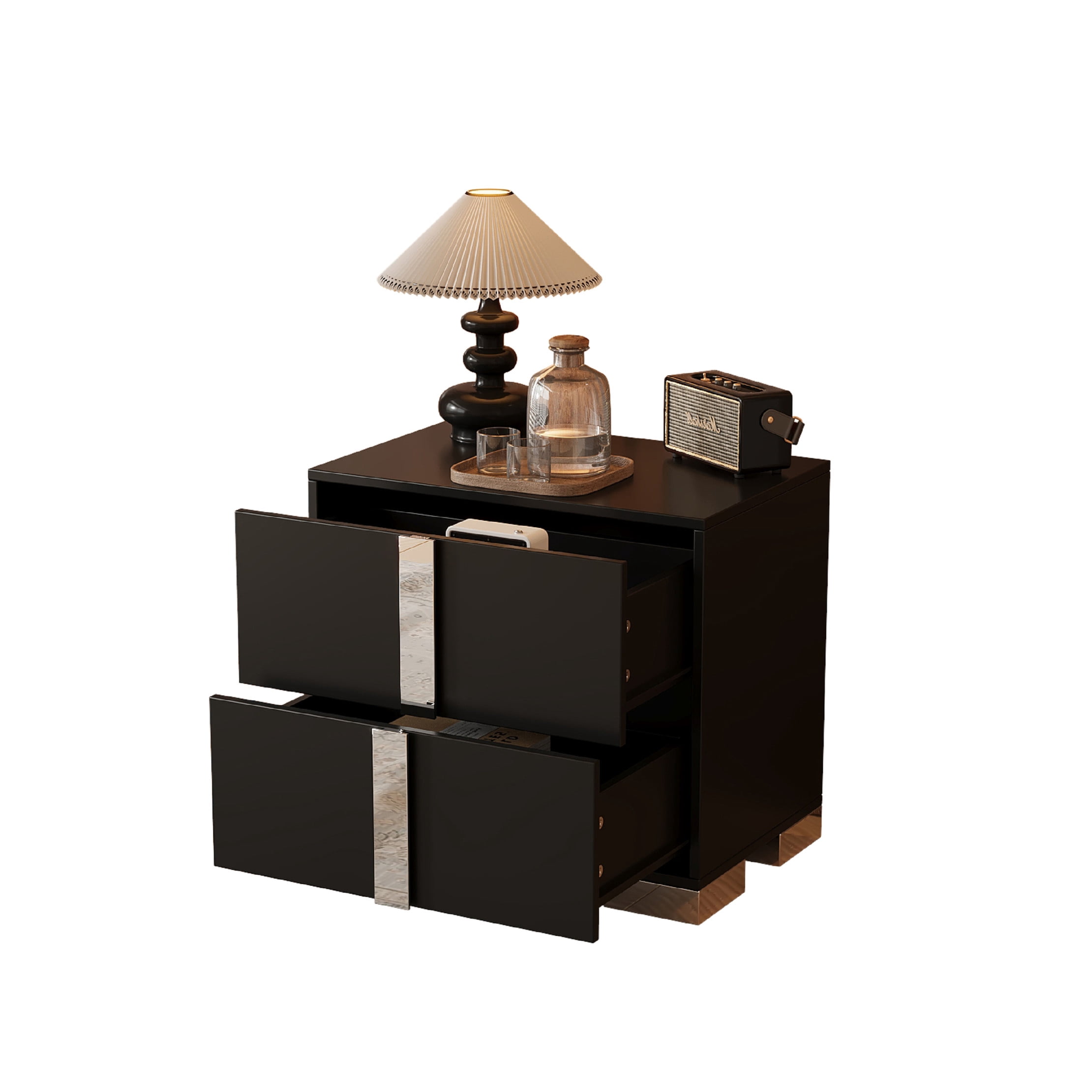 Noble House Modern Mirrored Nightstand with 2 Drawers and Metal Legs, Black