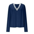 thumbnail image 4 of Ltctricy T Shirts for Women Fall Fashion Long Sleeve V Neck Lace Trim Slim Basic Tee Tops Soft Casual Blouses(Navy,XX-Large), 4 of 6