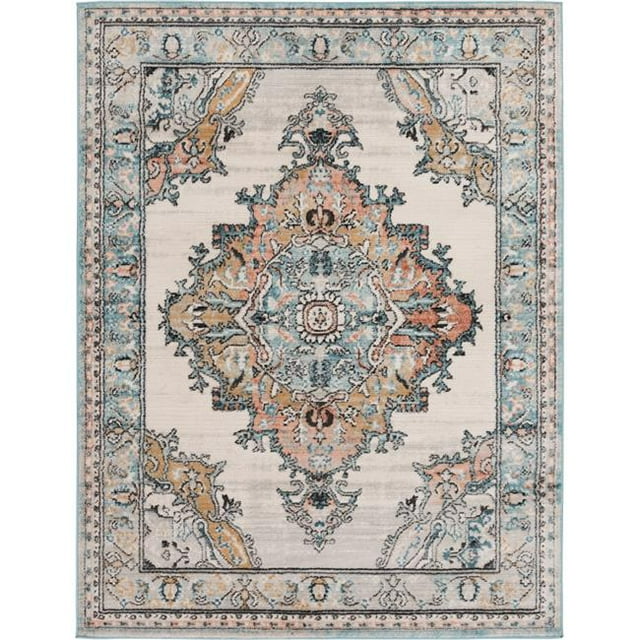 Central Oriental 4715.101.62EC 6 ft. 7 in. x 9 ft. 2 in. Oriental Heat-Set Polypropylene & Polyester Shrink Larsynz Rectangle Area Rug, Ivory & Grey