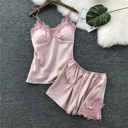 

TOTO Lingerie For Women Two Pieces Lace Flower Satin Lingerie Top And Shorts Sleepwear Pajama Set Nightgowns For Women
