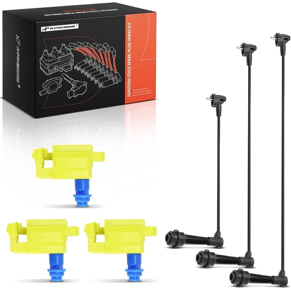 A-Premium 3 Yellow Ignition Coils with 3 Spark plug Wires Compatible with Lexus GS300, IS300, SC300 & Toyota Supra, 1998-2005 L6 3.0L