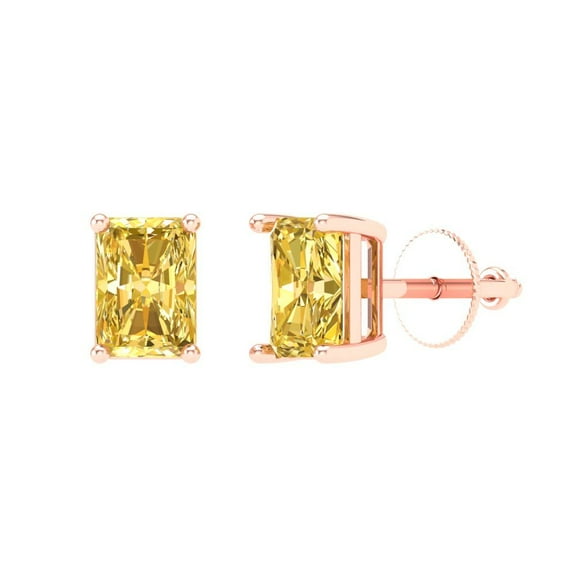 2 ct Screw-Back Stud Earrings for Women | 7x5mm Emerald Cut Simulated Yellow Diamond | 18K Rose Gold