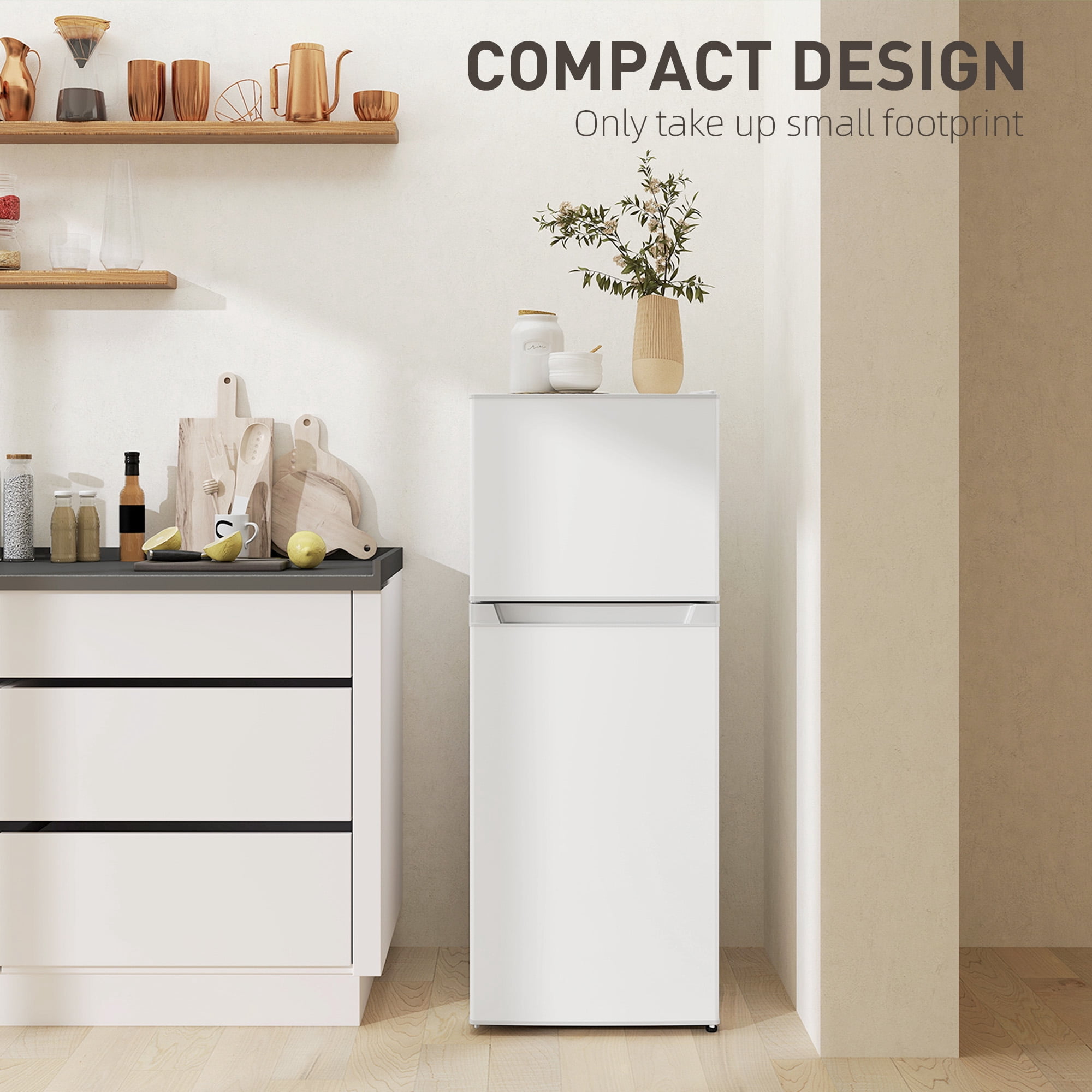 HOMCOM Small Fridge with Freezer, 4 Cu Ft Refrigerator with Shelves, White