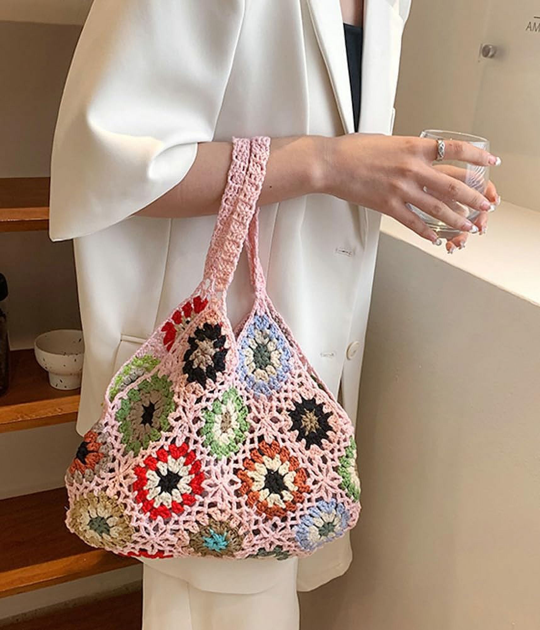 Kukuzhu Cute Floral Knitted Shoulder Bag Women Aesthetic Fairy Y2k Hobo Bag Crochet Small Hand Woven Beach Mesh Tote Purse