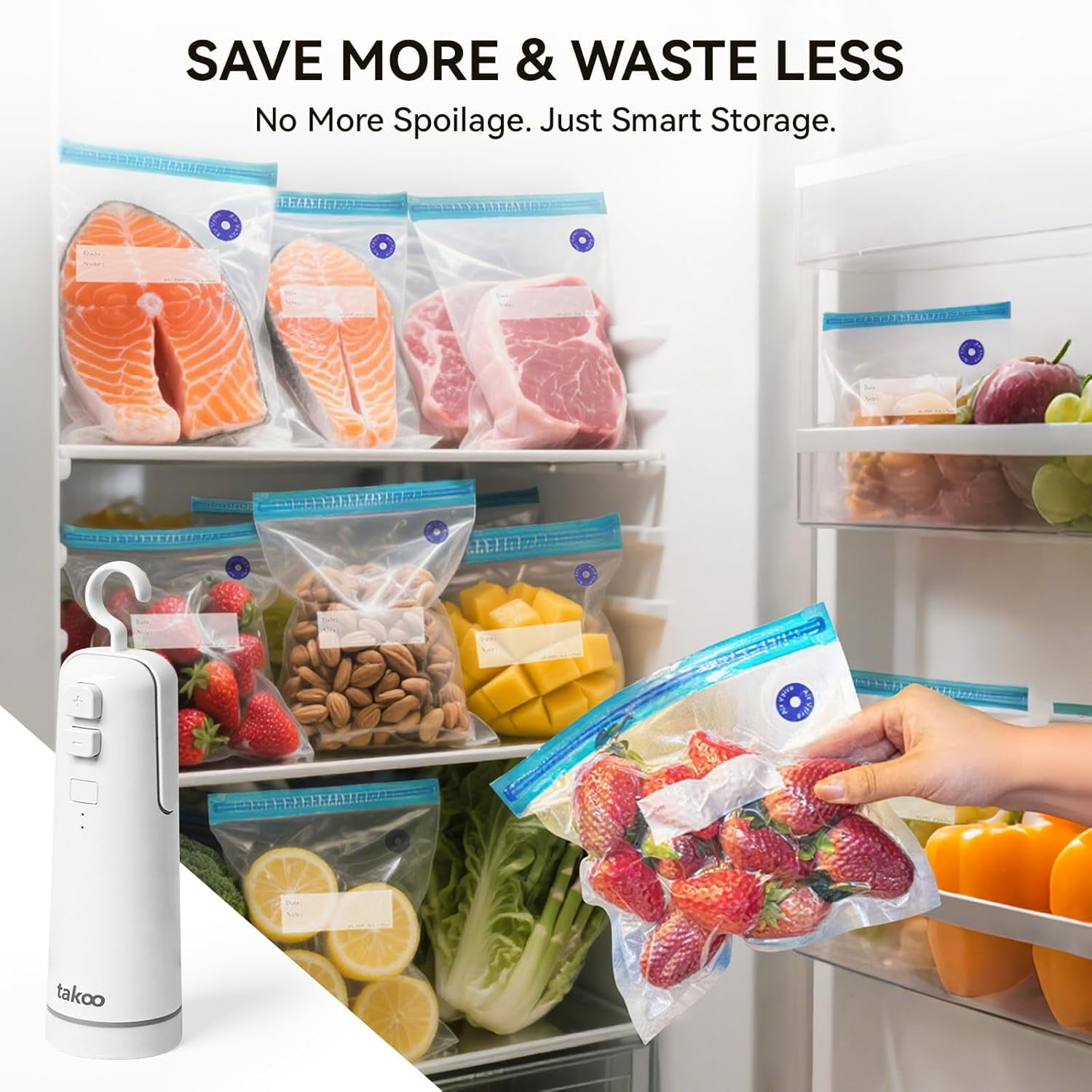 takoo 4-in-1 Portable Cordless Vacuum Sealer for Dry/Moist Food Storage with 4 Vacuum Bags, Heat Sealer for Chip Bags, Inflation Pump for Balls/Swim Ring