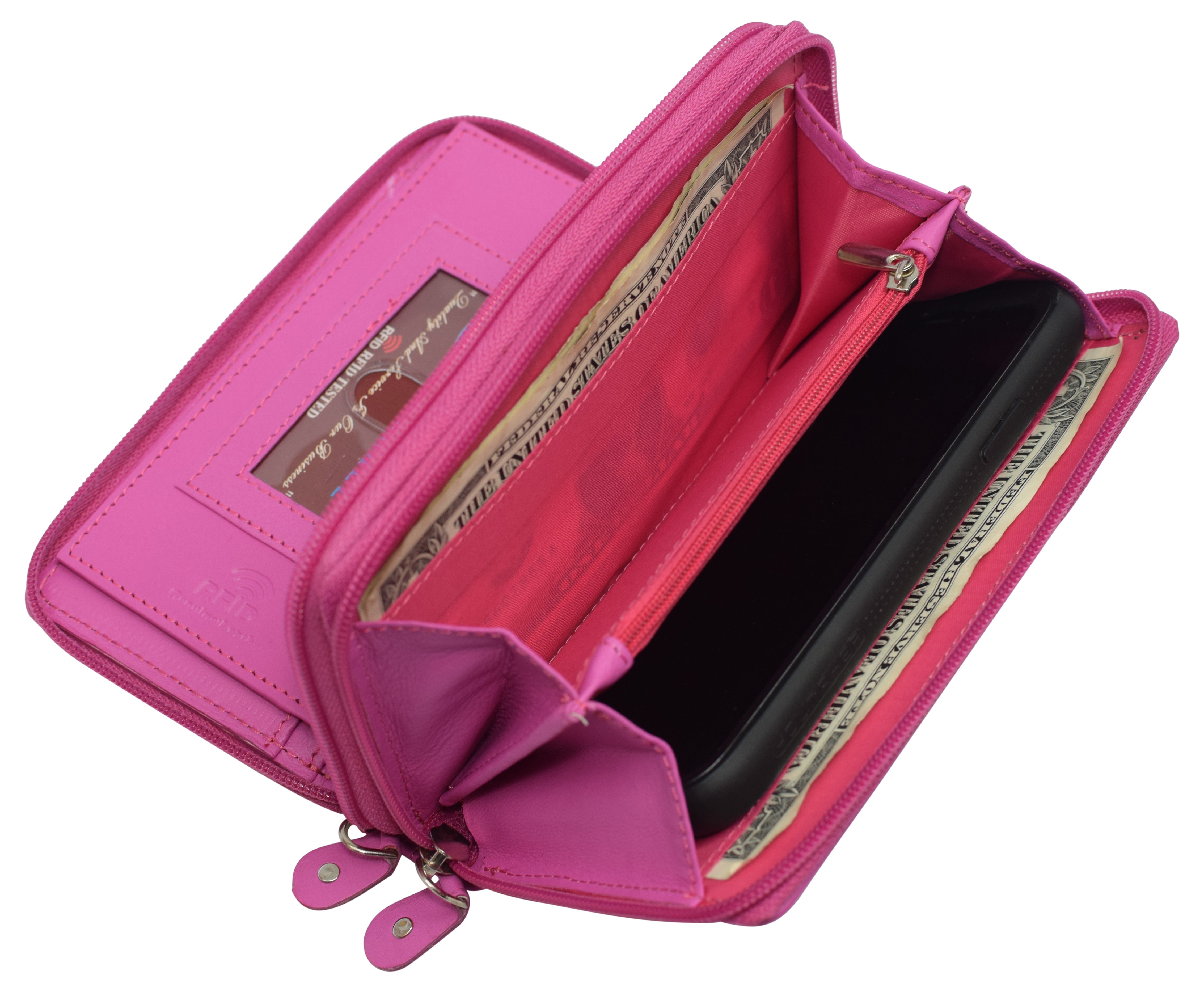 JUNZAN Pink Floral Women Wallet Leather Wallets for Women Zip Around RFID  Blocking Summers Flowers
