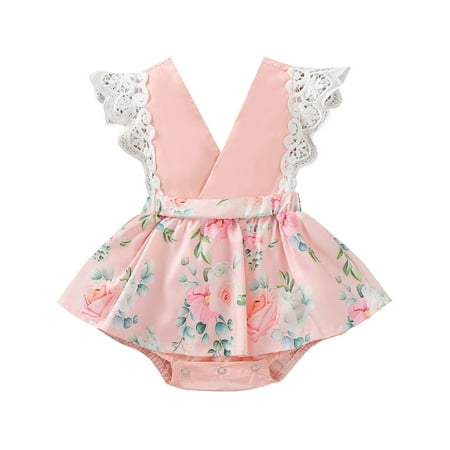 

Doqcey Baby Girls Romper Printing Lace Fly Sleeve Splicing Skirt Jumpsuit