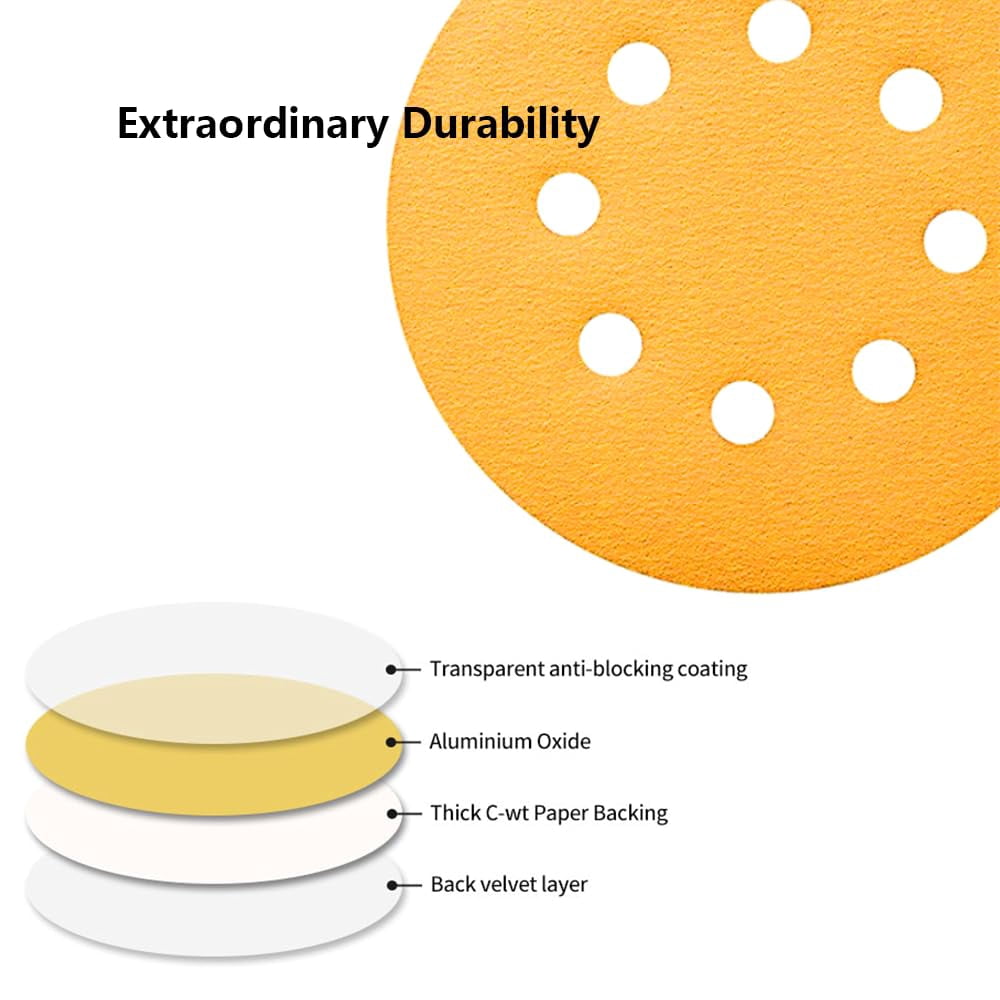 FRKSMD-5 Inch 8 Hole Sanding Discs Hook and Loop50pcs Gold Round Hook and Loop Sandpaper for Random Orbital Sander 180 Grit