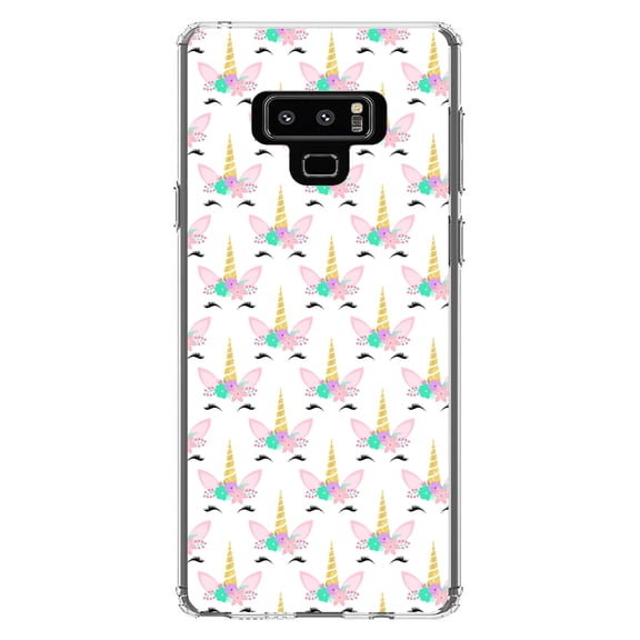 DistinctInk Clear Shockproof Hybrid Case for Samsung Galaxy Note 9 - TPU Bumper, Acrylic Back, Tempered Glass Screen Protector - Pastel Unicorn Pattern - White Pink Teal