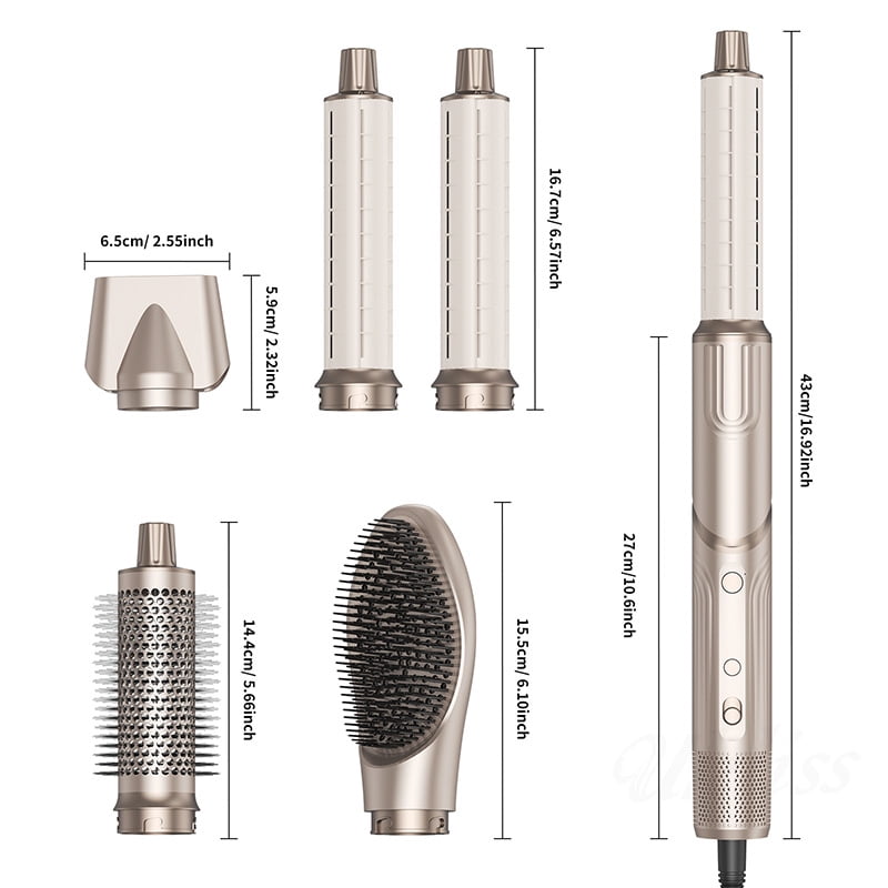 Foldable 5-in-1 Hot Air Styling System, Professional Hair Dryer Brush Kit with Airflow Curler, Smoothing & Volumizing Attachments, Ionic Technology for Travel, Champagne Gold