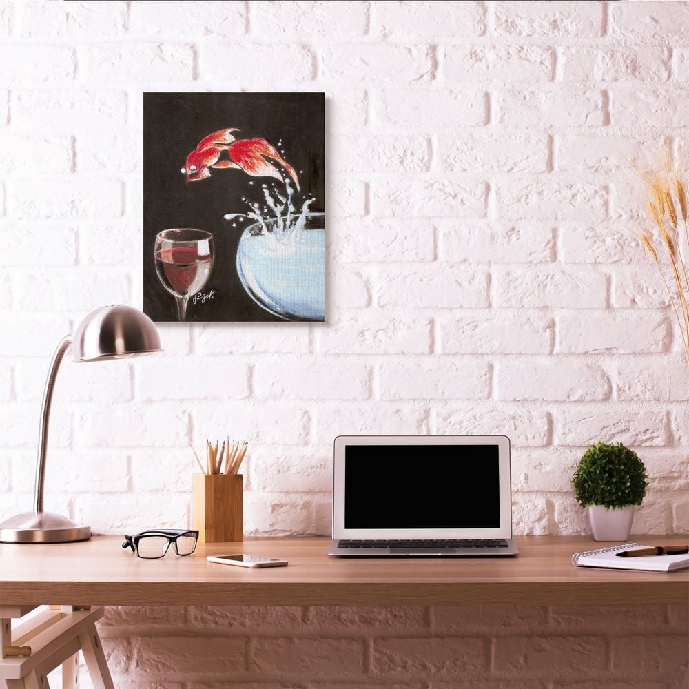 Stupell Industries Fish Leaping Into Wine Glass Funny Drawing Canvas Wall Art by Jean-Pierre Got