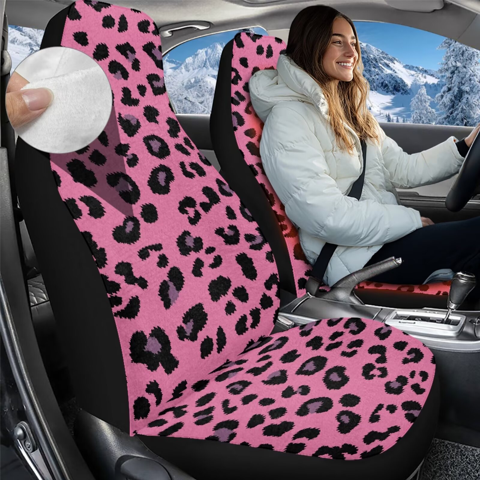 Uorisanigo 2Pcs Automotive Seat Cover, Car Accessories with Pink Cheetah Leopard Print Front Auto Cushion Cover Protect Accessories for Women Men