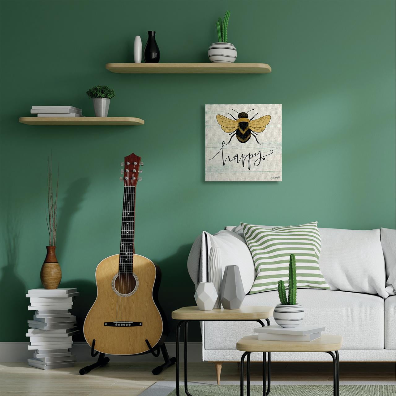 Stupell Industries Bee Happy Yellow Green Family Word Design Canvas Wall Art by Katie Doucette, 24" x 24", Canvas