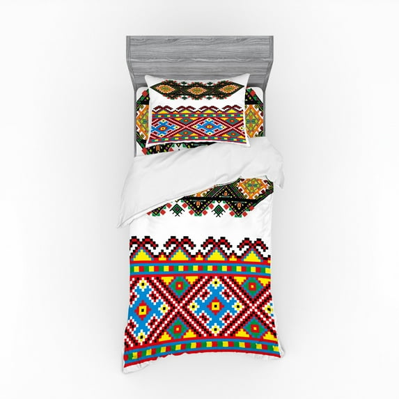 Ambesonne Ethnic Bedding Set 3 Pcs, Retro Ukranian Ornament, Twin, Multicolor