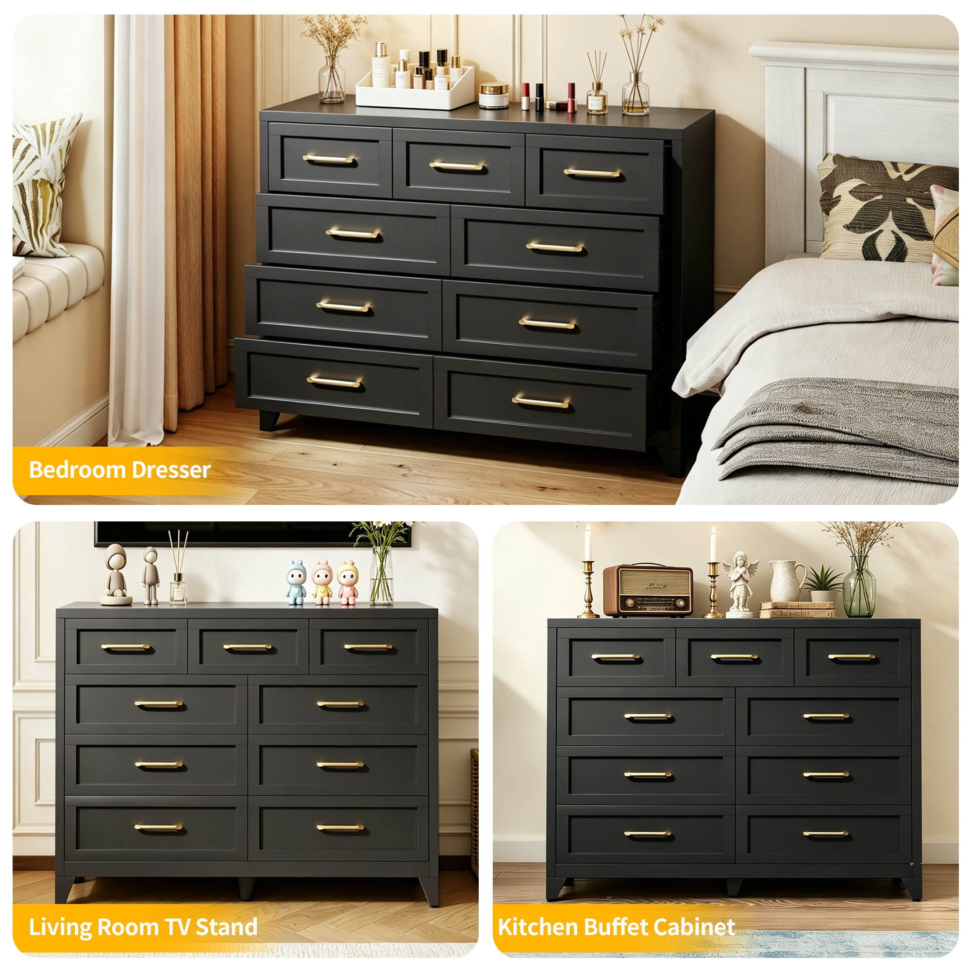 ShiKeyi 9 Drawer Dresser for Bedroom, Modern Metal Wide Storage Chest with Metal Handles and Legs, Black