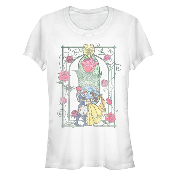 Junior's Beauty and the Beast Classic Love Stained Glass  Graphic Tee White Small