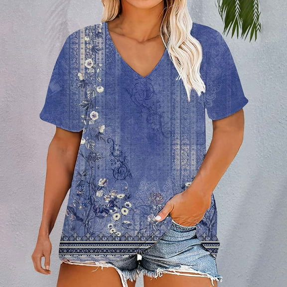 Ajshakl Blue V-Neck Casual Womens Tops, Plus Size T Shirts Women Short Sleeve Tops Casual Summer Tshirts Loose Fit Tee