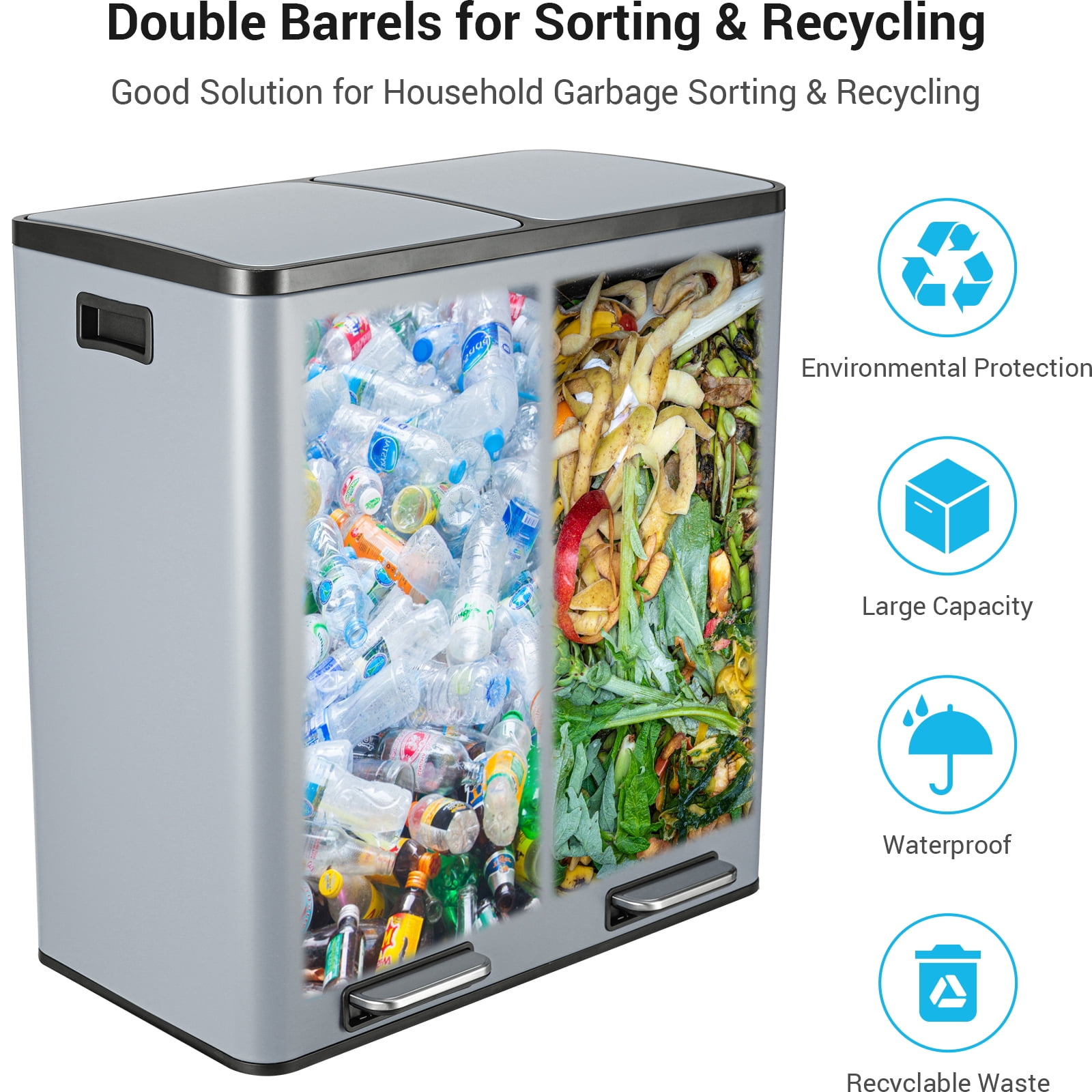LAZY BUDDY 16 Gallon Kitchen Trash Can with Double Compartments, Stainless Steel Step Garbage Can with Lid & Inner Buckets for Recycling