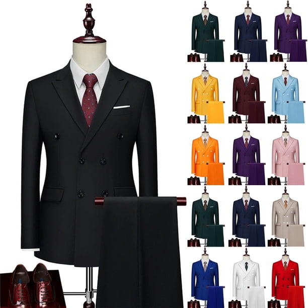 RKSTN Men's 2PC Suits Oversized Two Breasted Button Slim Fits Lapel Blazer Dress Suit 2 Piece Set Mens Solid Double Breasted Groom Wedding Business Formal Wear Blazer Jacket and Pants Two Piece Set