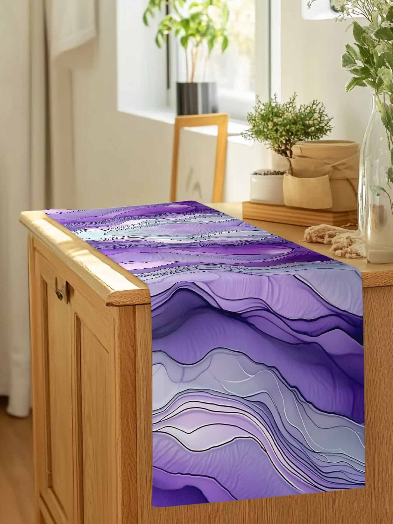 Abstract Art Purple Gray Wave Table Runner 90 Inches Long, Vintage Marble Texture Table Runners Tabletop Scarf Kitchen Dining Tables Decoration for Home Party Indoor Outdoor