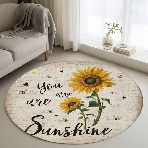 Yellow Sunflower Round Area Rug 3 FT, Small Kitchen Bathroom Mat, Summer Vintage Flower Bee Sunshine Washable Indoor Outdoor Throw Runner Carpet Doormat for Table Shower Sofa Entryway