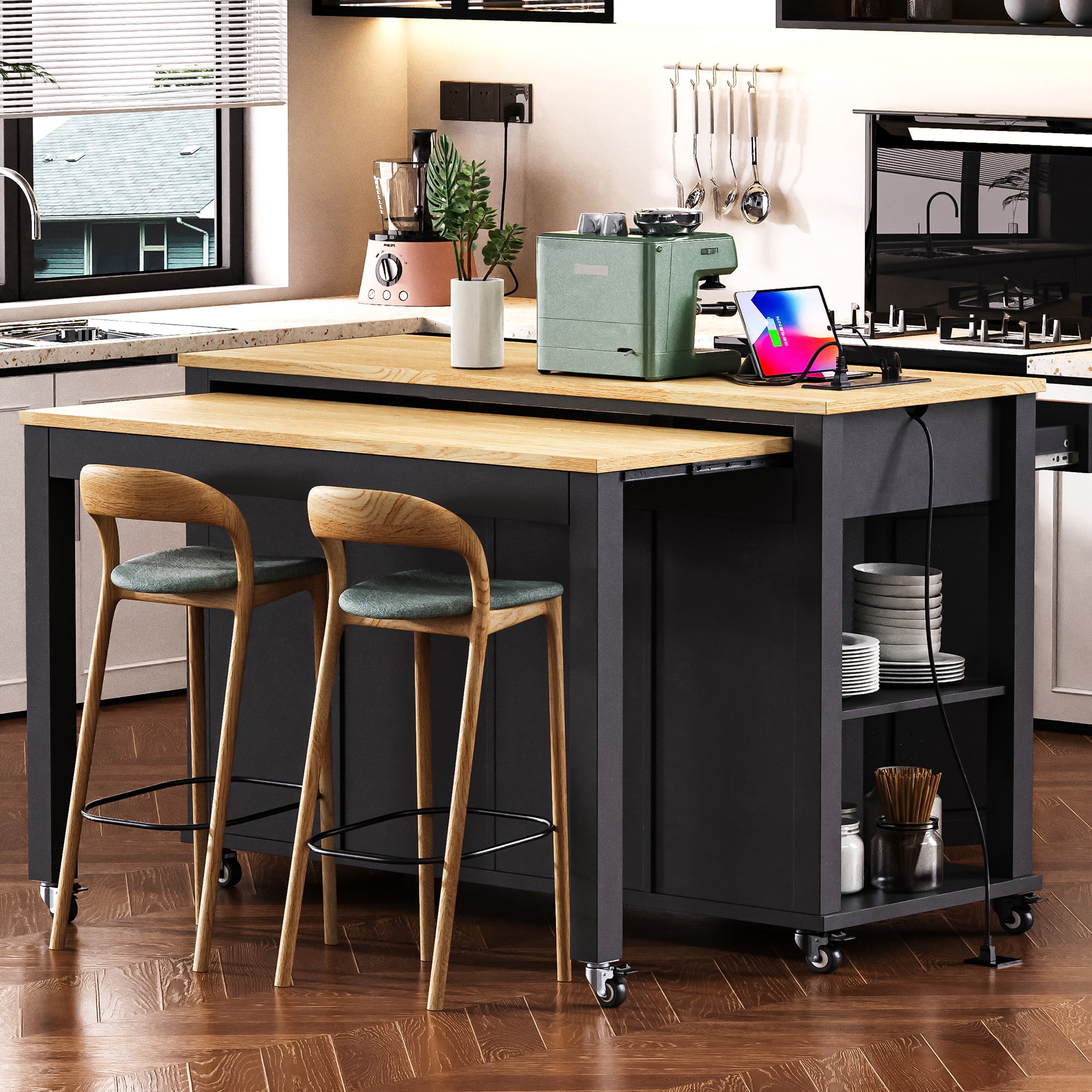 Mintazer 47.2" Kitchen Island Cart with Extendable Dining Table & Power Outlet and 2 Cabinet, Rolling Kitchen Island with 2 Drawers, 2 Doors & Open Storage Shelves, Black